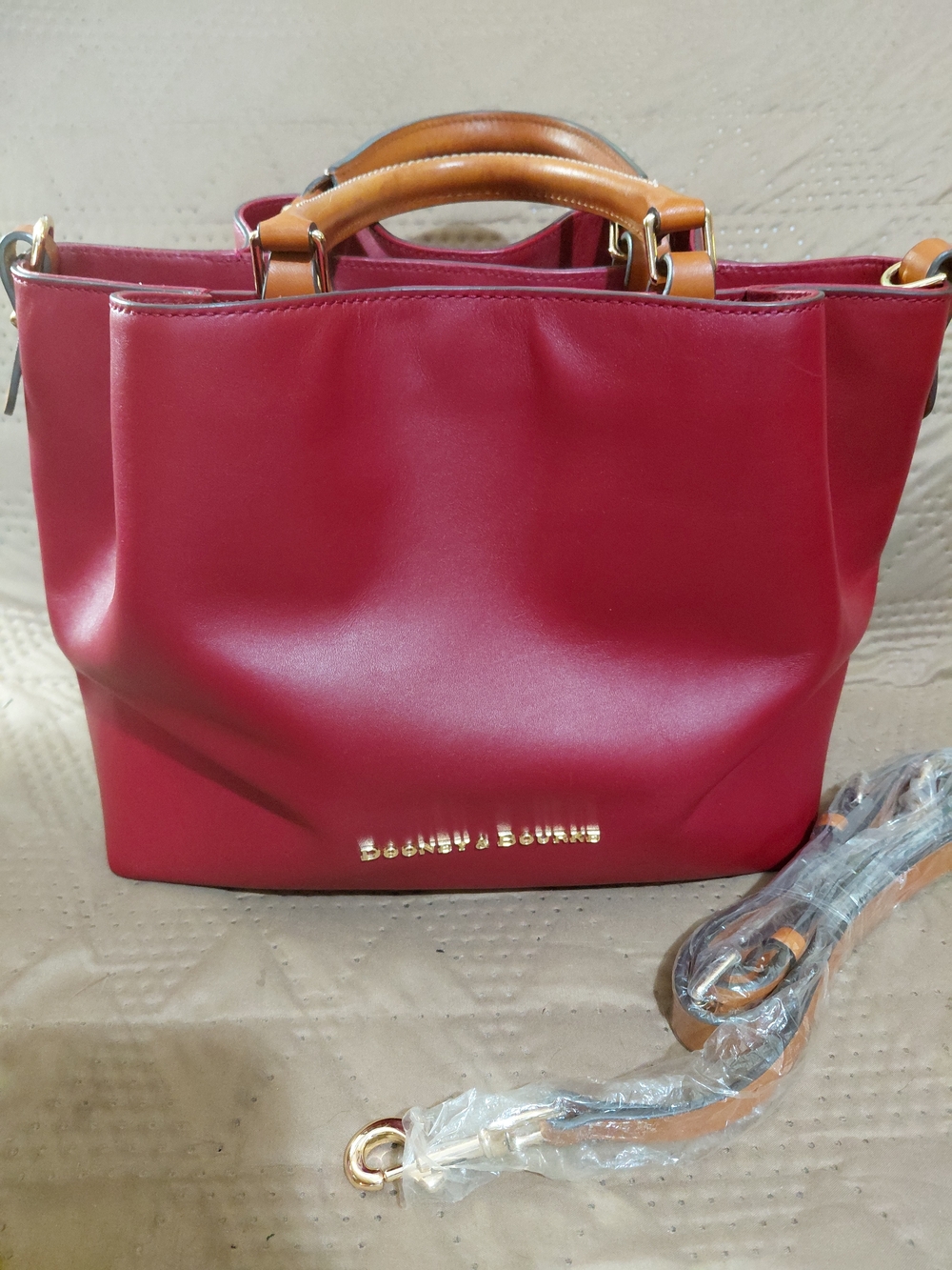 Dooney & Bourke Red Leather Tote with Tan Handles And Crosabody Strap